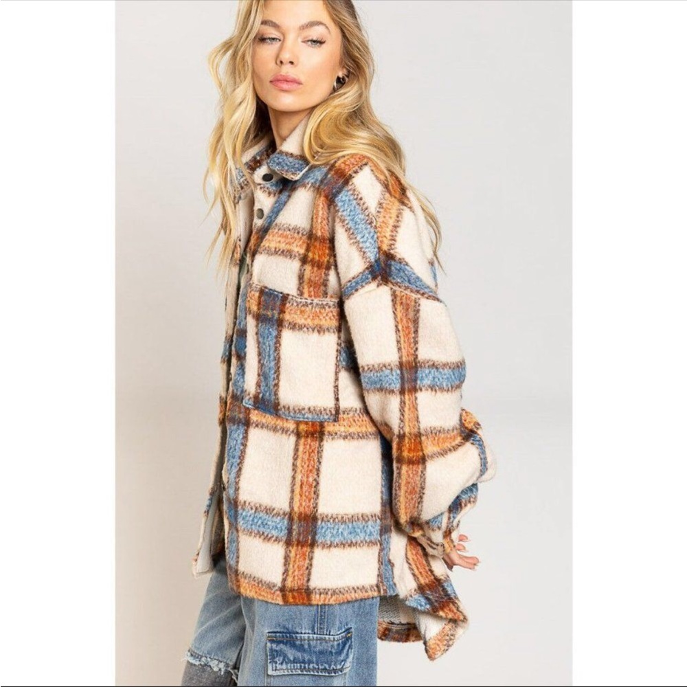 Cream Plaid Fuzzy Shacket Button Down Relaxed Fit - Picture 10 of 12